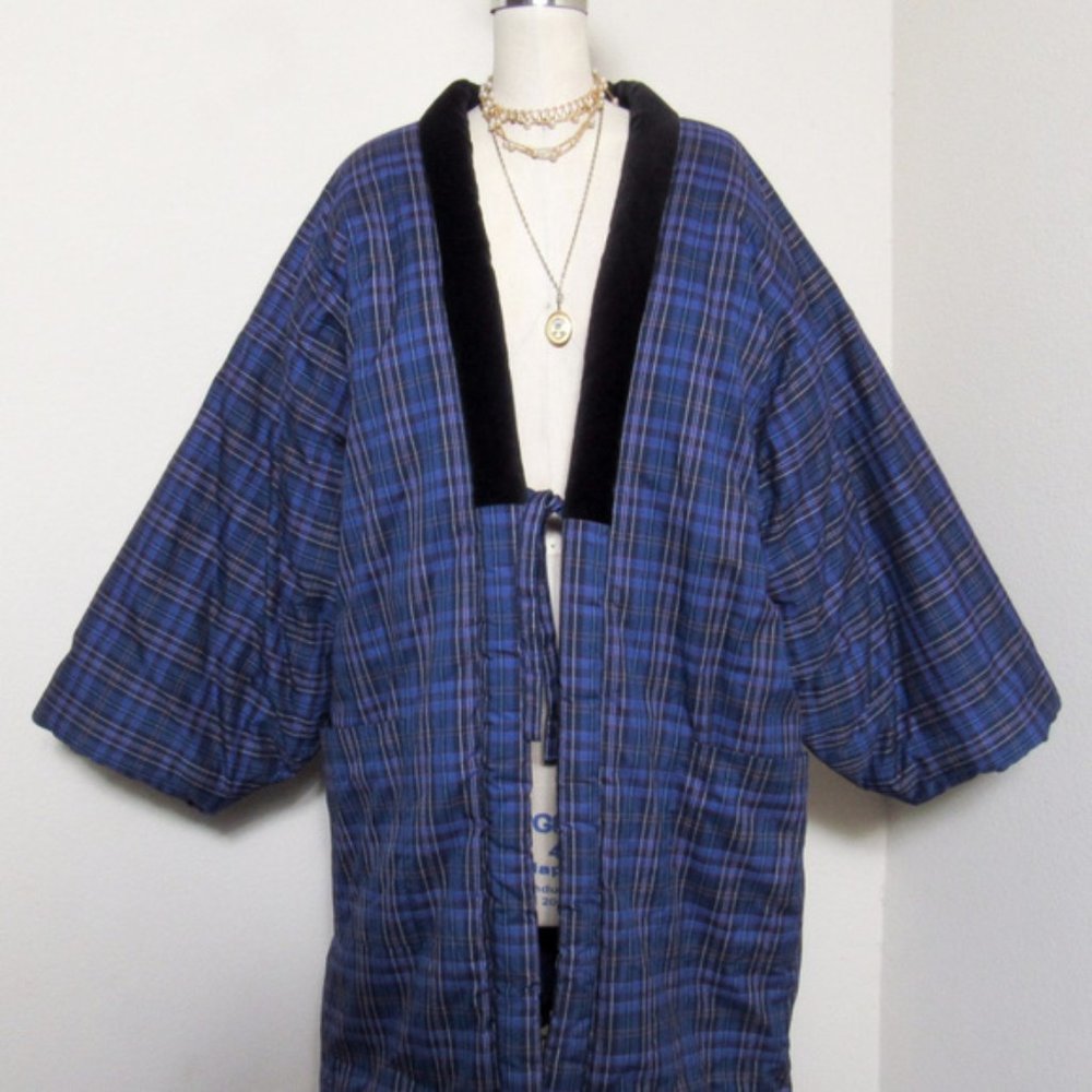 Vintage Plaid Puffer Coat Kimono Jacket MEDIUM